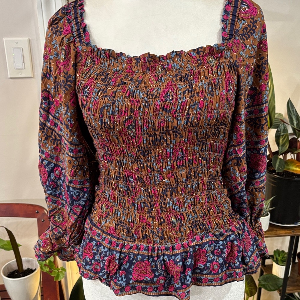 Haute Hippie Floral Smocked Blouse Multicolor size M - Picture 2 of 5